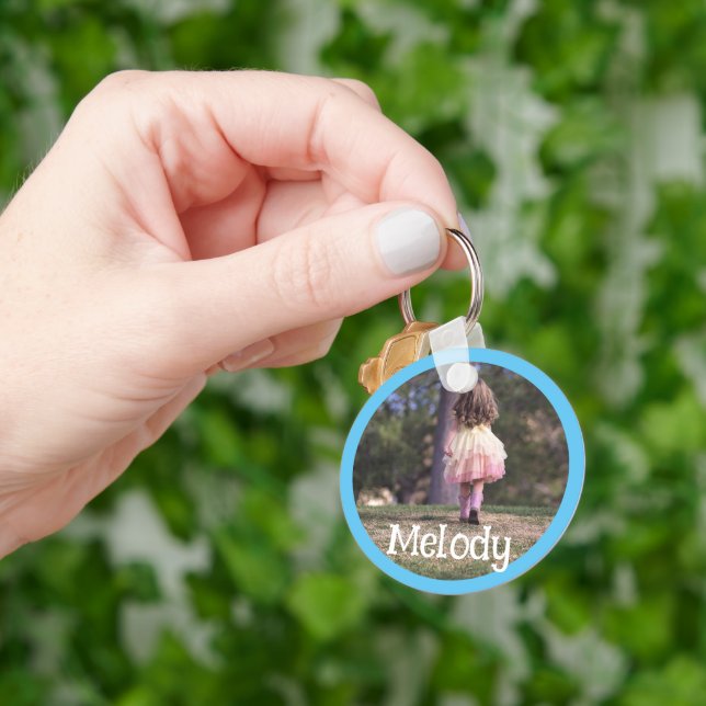 Custom Photo Image Template Blue Border Frame Kids Keychain (Hand)