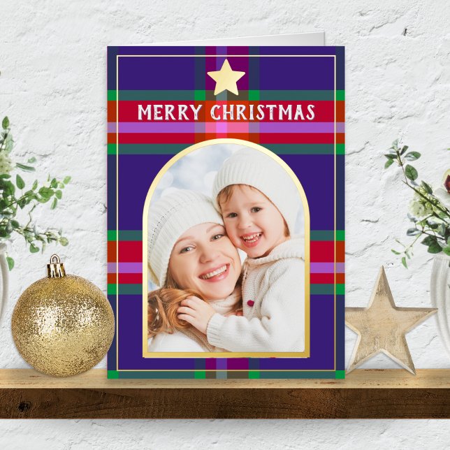 Custom Photo in an Arch Frame with Plaid Christmas Foil Holiday Card (A Christmas card with custom photo in an arch shaped 'frame', with tartan plaid background pattern)