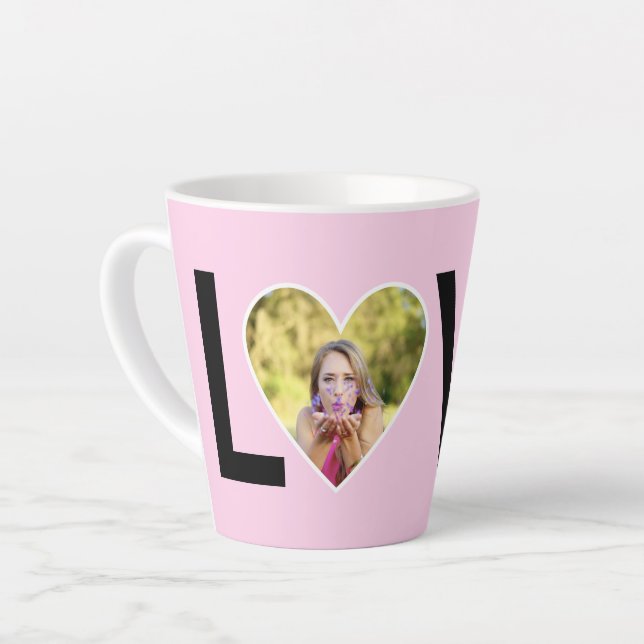 Custom Photo in Baby Pink Heart Frame Latte Mug (Left Angle)