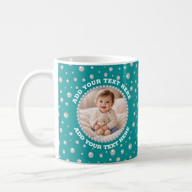Custom Photo in Pearl Circle on Cyan-Green Coffee Mug (Left)