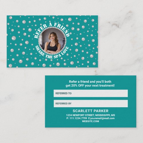 Custom Photo in Pearl Circle on Cyan-Green Referral Card