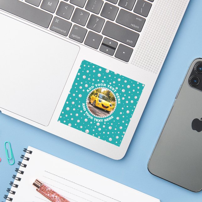 Custom Photo in Pearl Circle on Cyan-Green Sticker (Laptop w/ iPhone)