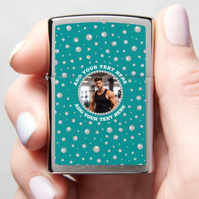 Custom Photo in Pearl Circle on Cyan-Green Zippo Lighter (In Hand)