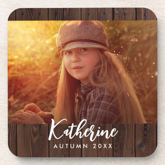 Custom Photo in Rustic Dark Brown Wood Board Beverage Coaster (Front)