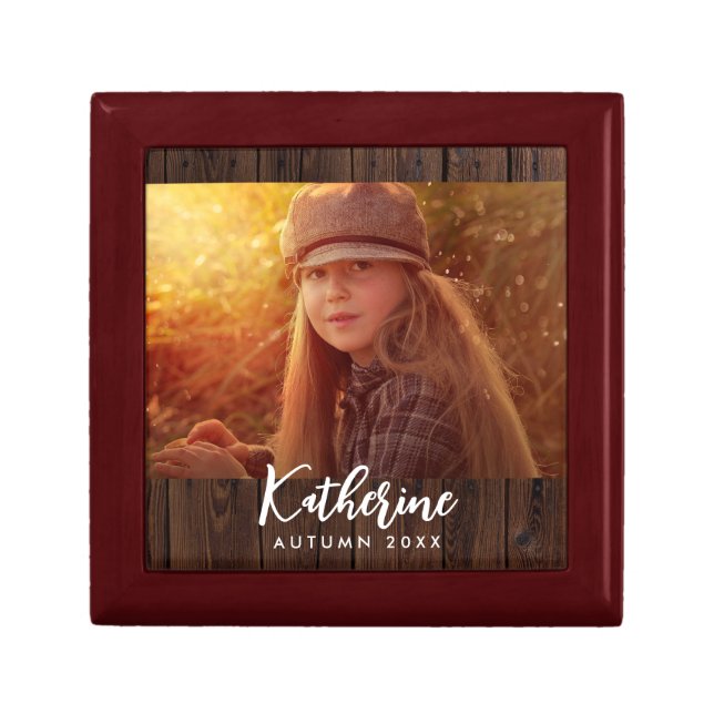 Custom Photo in Rustic Dark Brown Wood Board Gift Box (Front)