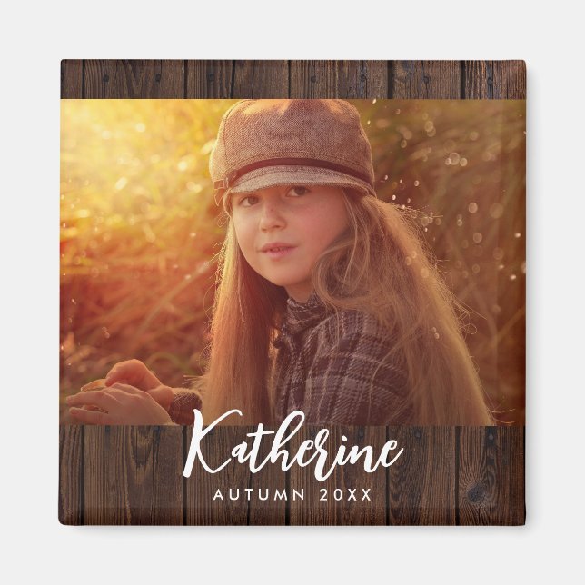 Custom Photo in Rustic Dark Brown Wood Board Magnet (Front)