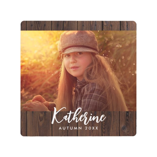 Custom Photo in Rustic Dark Brown Wood Board Metal Print (Front)
