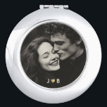Custom Photo Initial Heart Monogram Couples Gift Compact Mirror<br><div class="desc">Touch up in style with this custom photo compact mirror featuring your favorite couples photo on the front of a sleek round silver case. A tiny printed gold heart nestled between your two initials creates a minimalist monogram under the image, adding a subtle romantic detail that feels modern and chic....</div>