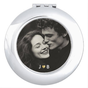 Custom Photo Initial Heart Monogram Couples Gift Compact Mirror