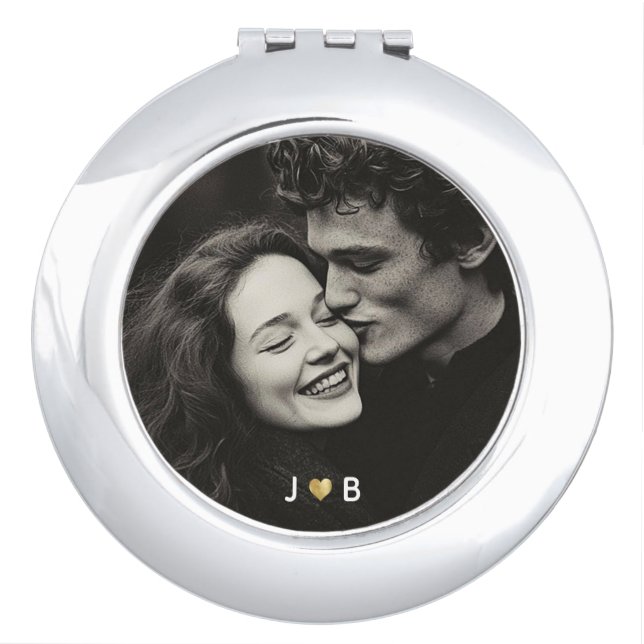 Custom Photo Initial Heart Monogram Couples Gift Compact Mirror (Front)