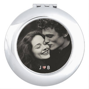 Custom Photo Initial Heart Monogram Couples Gift Compact Mirror