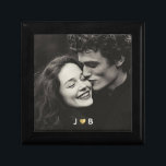 Custom Photo Initial Heart Monogram Couples Gift Gift Box<br><div class="desc">Store special treasures in this custom photo wooden jewelry box featuring your favorite couples photo inset on the lid. The rich black frame surrounds a black-and-white image, while a tiny heart between your two initials creates a minimalist monogram at the bottom for a subtle romantic touch. This personalized keepsake box...</div>