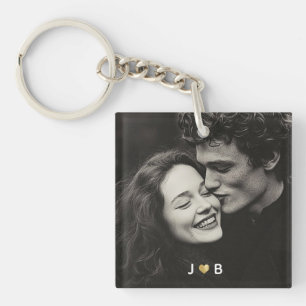 Custom Photo Initial Heart Monogram Couples Gift Keychain
