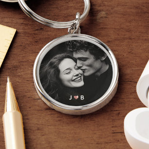 Custom Photo Initial Heart Monogram Couples Gift Keychain