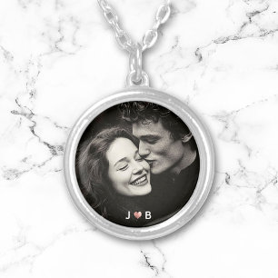 Custom Photo Initial Heart Monogram Couples Gift Silver Plated Necklace