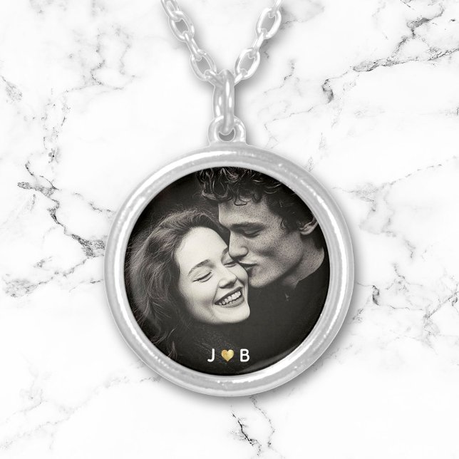Custom Photo Initial Heart Monogram Couples Gift Silver Plated Necklace (Creator Uploaded)