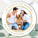 Custom Photo Just Married Elegant Gold Wedding Classic Round Sticker<br><div class="desc">Add the finishing touch to your dog wedding announcements with these custom photo, and personalized 'My Humans Got Married stickers. Customize with your favorite photo,  names and date. COPYRIGHT © 2020 Judy Burrows,  Black Dog Art - All Rights Reserved. Custom Photo Just Married Elegant Gold Wedding Classic Round Sticker</div>