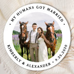 Custom Photo Just Married Personalized Wedding Classic Round Sticker<br><div class="desc">Add the finishing touch to your pet wedding announcements with these custom photo, and personalized 'My Humans Got Married stickers. Customize with your favorite photo,  names and date. COPYRIGHT © 2020 Judy Burrows,  Black Dog Art - All Rights Reserved. Custom Photo Just Married Personalized Wedding Classic Round Sticker</div>