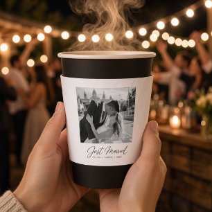Custom Photo Just Married Script Wedding Coffee Cup Sleeve