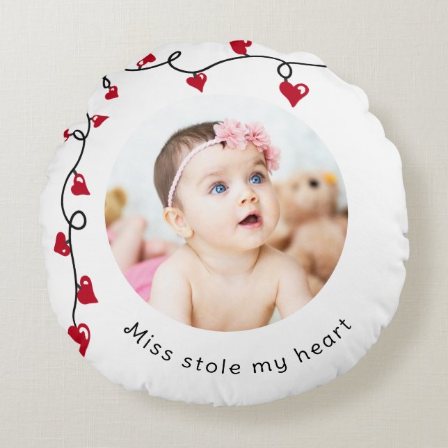 Custom Photo Keepsake Baby Miss Stole My Heart Round Pillow (Front)