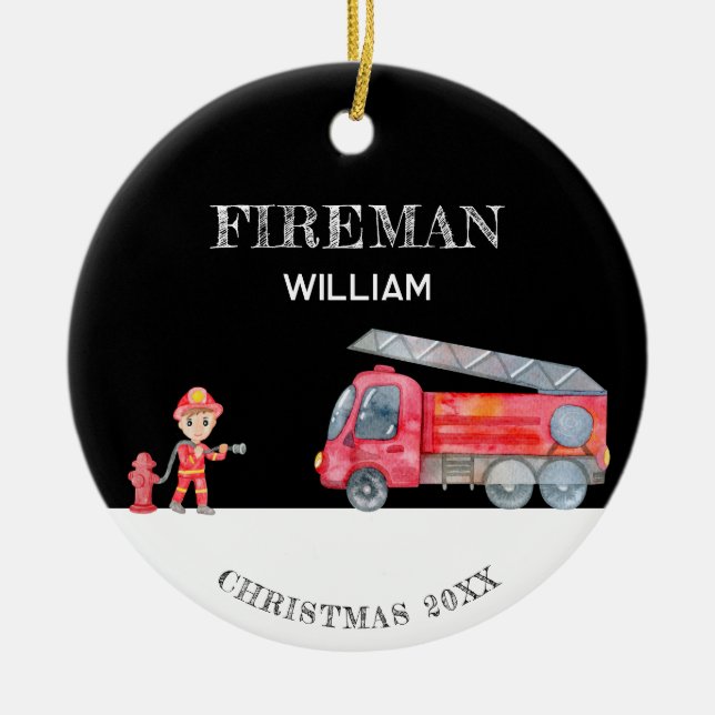 Custom Photo Keepsake Fireman Christmas Firetruck Ceramic Ornament (Front)