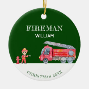 Custom Photo Keepsake Fireman Christmas Firetruck Ceramic Ornament