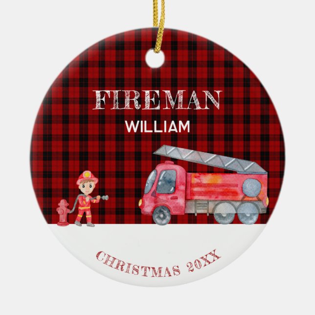 Custom Photo Keepsake Fireman Christmas Firetruck Ceramic Ornament (Front)