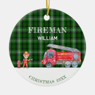 Custom Photo Keepsake Fireman Christmas Firetruck Ceramic Ornament