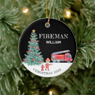 Custom Photo Keepsake Fireman Christmas Tree Truck Ceramic Ornament