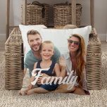 Custom Photo Keepsake with Family Text Overlay Throw Pillow<br><div class="desc">This custom throw pillow showcases your favorite family photo(s) with the word "family" in a fun script overlay. Text and color is fully customizable. You can choose the same photo on both sides or opt to have one photo on the front and another on the back to make this uniquely...</div>