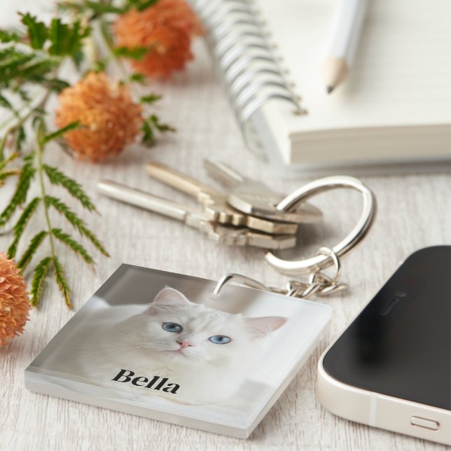 Custom photo keychain with cute white kitty cat (Front Right)