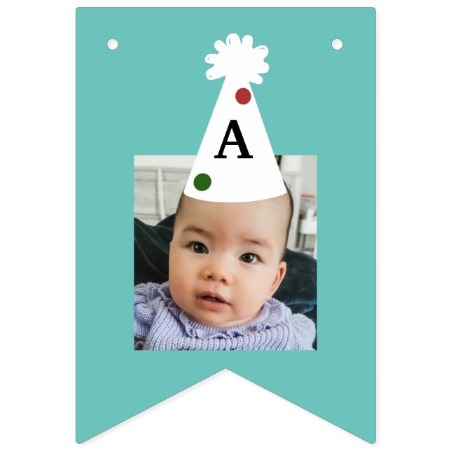 Custom Photo Kids Birthday Green Blue Party Hat  Bunting Flags (Fourteenth Flag)