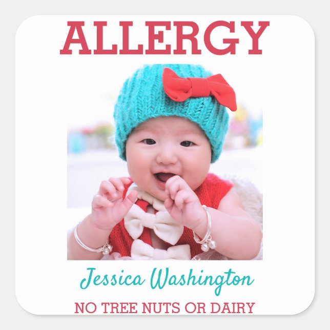 Custom Photo Kids Food Allergy Alert ICOE Warning Square Sticker (Front)