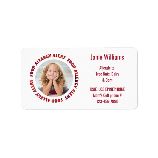 Custom Photo Kids Food Allergy Medical Alert Label (Front)