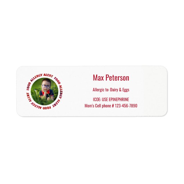 Custom Photo Kids Food Allergy Medical Alert Label (Front)