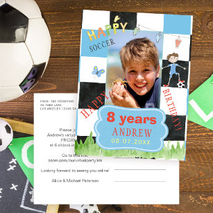 Custom photo kids soccer virtual birthday party invitation postcard
