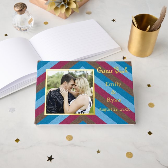 Custom Photo Let's Flamingle Gold Foil Striped Wed Foil Guest Book (Front Open)
