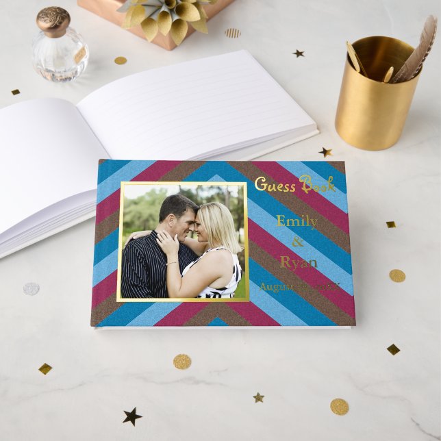 Custom Photo Let's Flamingle Gold Foil Striped Wed Guest Book (Front Open)