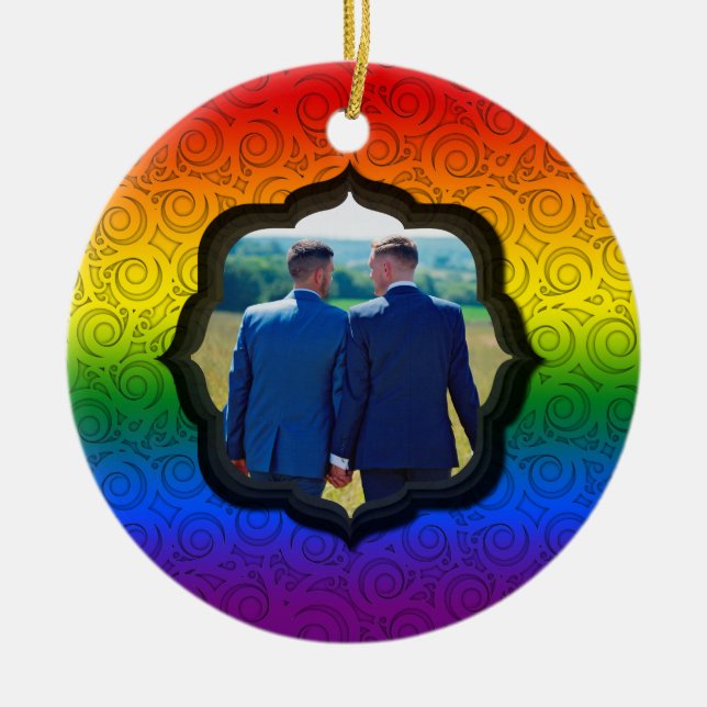 Custom Photo LGBTQ Gay Rainbow Pride Flag Chistmas Ceramic Ornament (Front)