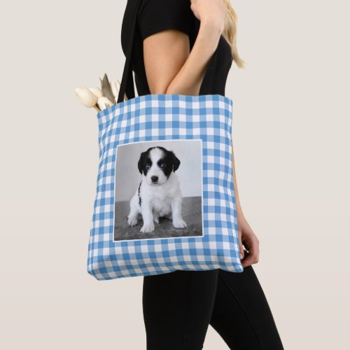 Custom Photo Light Blue White Gingham Check Tote Bag