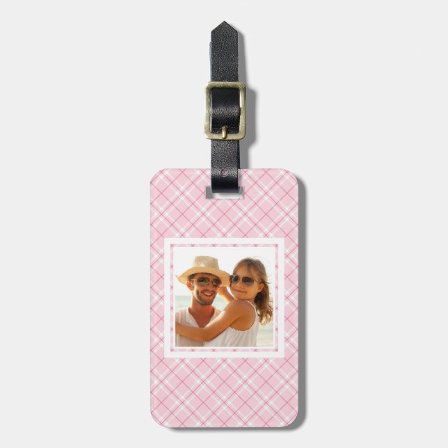 Custom Photo Light Pink Plaid Luggage Tag (Front Vertical)