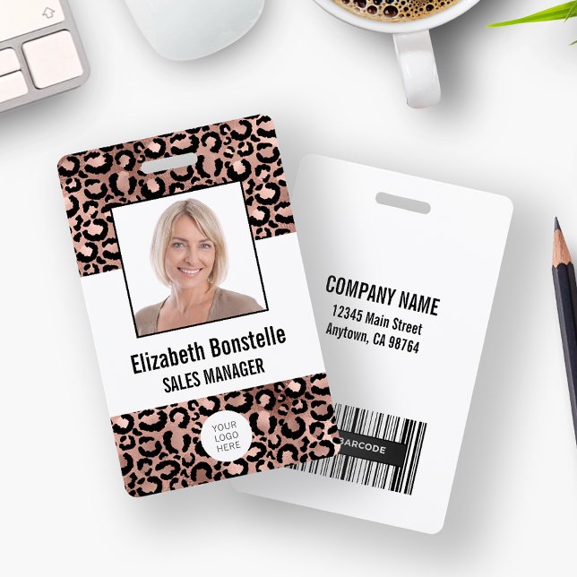 Custom Photo Logo Barcode Rose Gold Leopard Print Badge (Creator Uploaded)