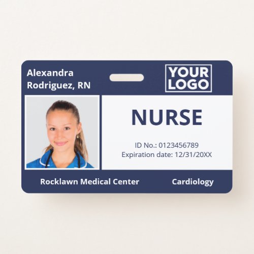 Custom Photo Logo Navy Blue Medical Employee ID Badge