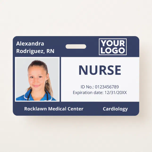 Custom Photo Logo Navy Blue Medical Employee ID Badge | Zazzle