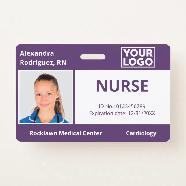 Custom Photo Logo Purple Medical Employee ID Badge | Zazzle