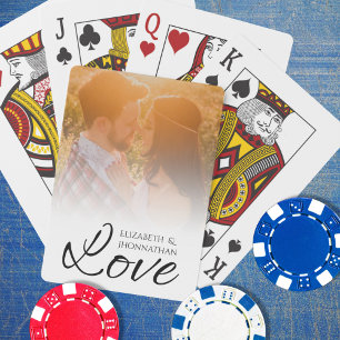 Custom Photo Love Black Script Couple Names White Poker Cards
