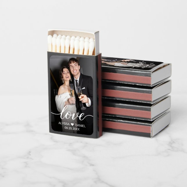 Custom Photo Love script Wedding favors Matchboxes (Stacked)