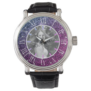 Custom Photo Luxury Pink Purple Glam Glitter Stars Watch