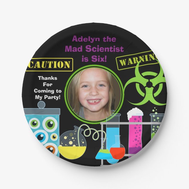 Custom Photo Mad Scientist Birthday Paper Plates (Front)