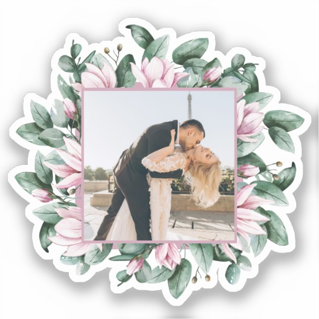 Custom Photo Magnolia Flower Frame Wedding Sticker (Front)